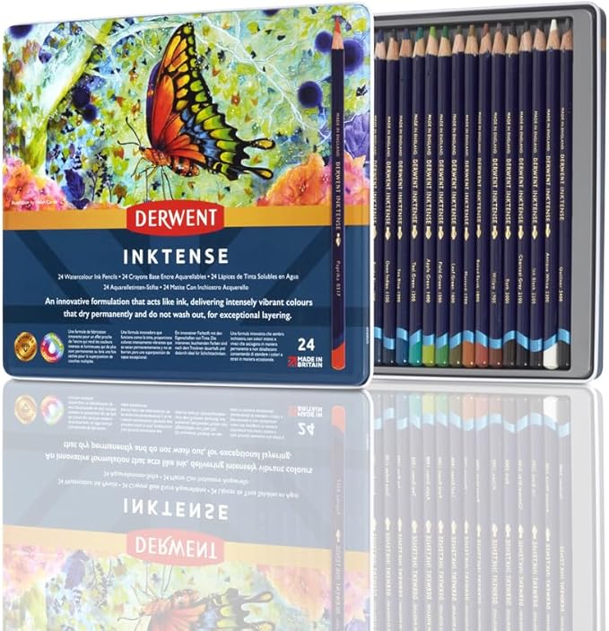 Derwent Inktense Pencils Tin, Set of 24, Great for Holiday Gifts, 4mm Round Core, Firm Texture, Watersoluble, Ideal for Watercolor, Drawing, Coloring and Painting on Paper and Fabric (0700929)