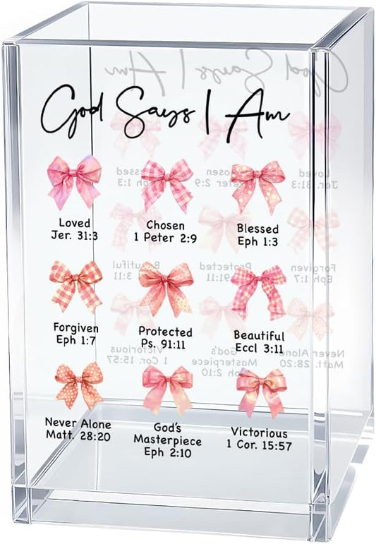 God Says Acrylic Cosmetic Organizer Pen Holder, Christian Acrylic Desk Holder Cup for Pen Pencil, Religious Gifts for Women Coworker Female Leader, Inspirational Office Gifts for Religious Lover