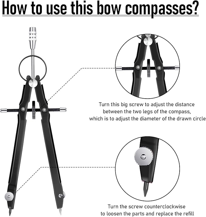 EBOOT Student Geometry Math Set, Metal Drawing Compass and 6 Inch Clear Swing Arm Protractors 180 Degree Math Protractor(Black and Black)