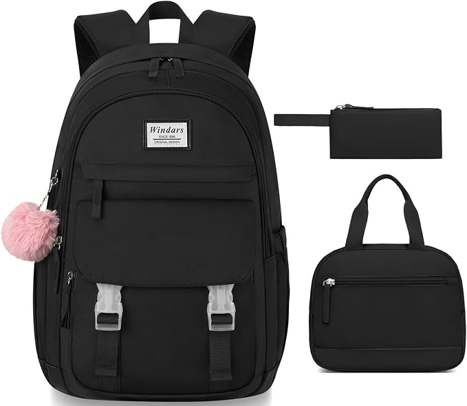 WINDARS School Backpack with Lunch Box for Teen Girls, Cute College Backpacks for Women Students Aesthetic Bookbag Large 15.6 Inch Laptop Bag Middle School Travel Back Pack (Black-3 Pcs)