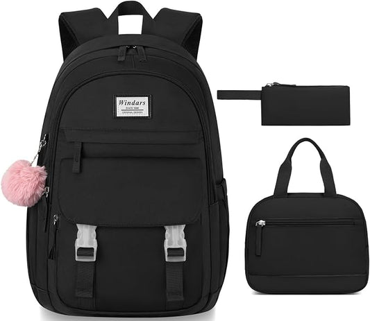 WINDARS School Backpack with Lunch Box for Teen Girls, Cute College Backpacks for Women Students Aesthetic Bookbag Large 15.6 Inch Laptop Bag Middle School Travel Back Pack (Black-3 Pcs)