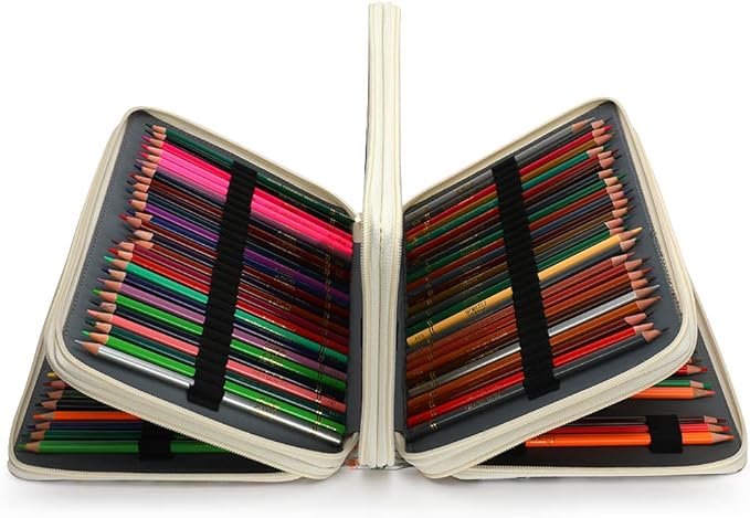 Vomgomfom 200 Slots Pencil Bag, 4-Layer Zipper Portable Art Supply Organizer, PU Leather Large Capacity Colored Pencil Case with Handle for 200 Watercolor Pens, Gel Pens (White)