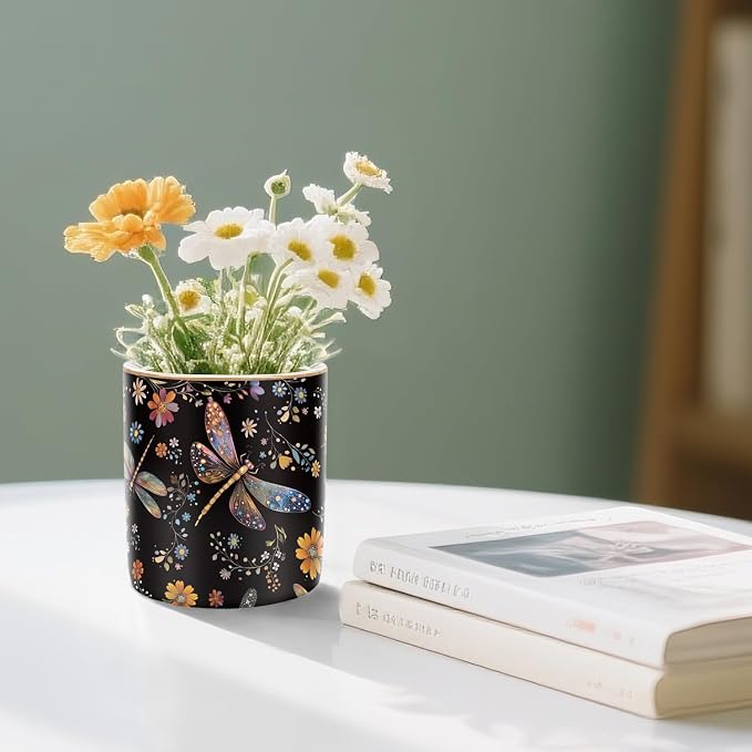 Pen Holder, Pencil Cup for Desk, Cute Makeup Brush Holder, Durable Ceramic Organizer Decor for Room, Office, Classroom, Cute Dragonfly Pattern