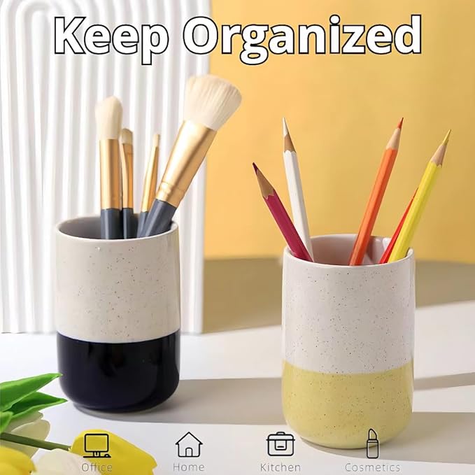 Cute Ceramic Pen Holder for Desk Office Supplies Cubicle Decor Kawaii Workspace Accessories Boho Makeup Organizer for Women Girls Pencil Cup Aesthetic Caddy for Home Office (White)