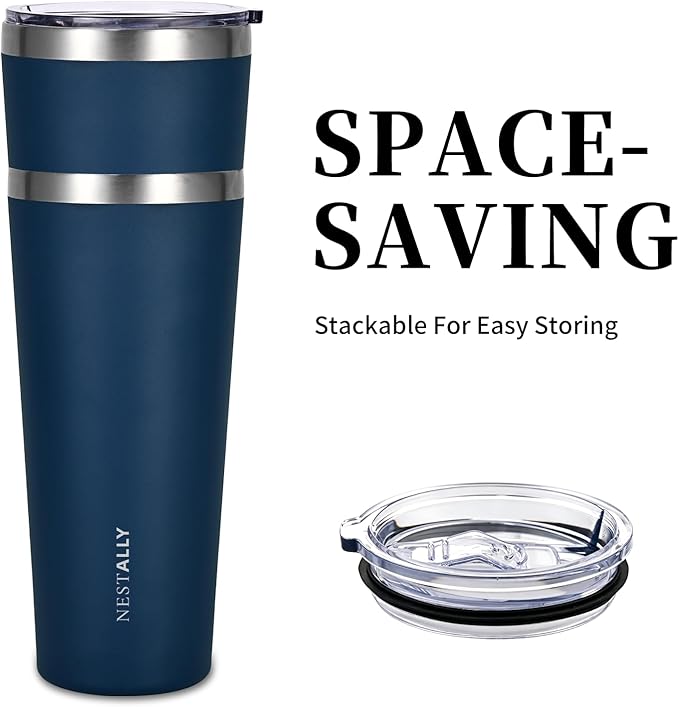 NESTALLY Coast 20oz Stainless Steel Tumbler, Extra Capacity Holds Up to 22oz, Double Wall Vacuum Insulated Travel Coffee Mug with Lid & Metal Straw, Leakproof Reusable Cup for Travel (Navy Blue)