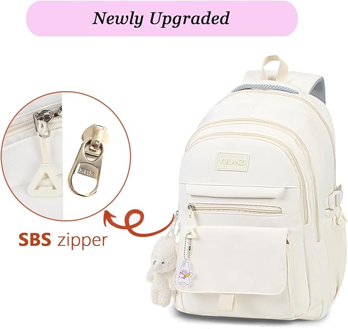 PRLINJSK Girls Backpack for College High Middle School Student, Cute Aesthetic Bookbag for Teens Women with Accessories,Beige
