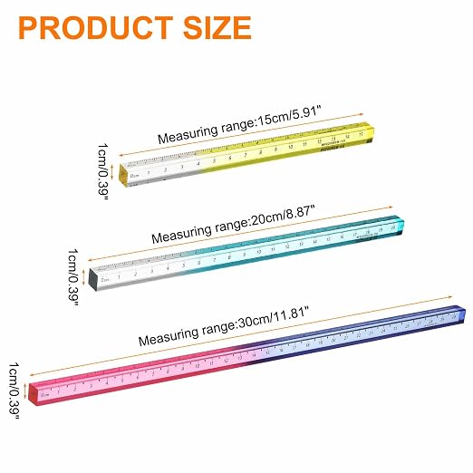 HARFINGTON 3pcs Acrylic Clear Straight Rulers 15/20/30cm Metric Transparent Gradient Three-Dimensional Plastic Ruler Square Cube Measuring Tool for Office, Yellow/Sky Blue/Blue-Pink