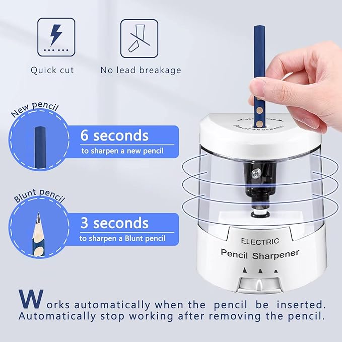 Electric Pencil Sharpener, Battery (Not Included) USB Powered, Portable for NO.2 Pencils, Automatic and Durable with 3 Sharpness Options - Classroom, Home, Office White