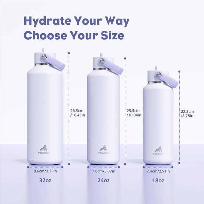 POWCAN 18 oz Slim Insulated Water Bottle: Leakproof, Lightweight, Cold for 24 Hrs, Double Walled Stainless Steel Water Bottle with Straw for Outdoors, Travel, Hiking, Biking, Sport (Lupine Haze)