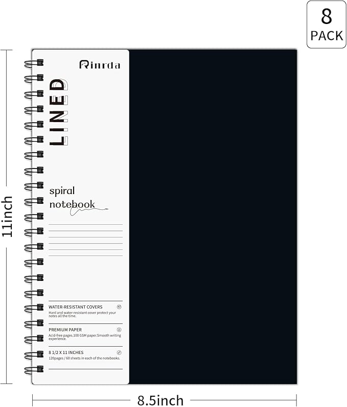 Large Lined Notebook Spiral Notebook 8.5" x 11" 8 Pack LINED Notebook 7mm Ruled Hardcover Notebook 120 Pages 100 GSM Thick Paper Notebook Hardcover Journal for School, Office,Study and Notes