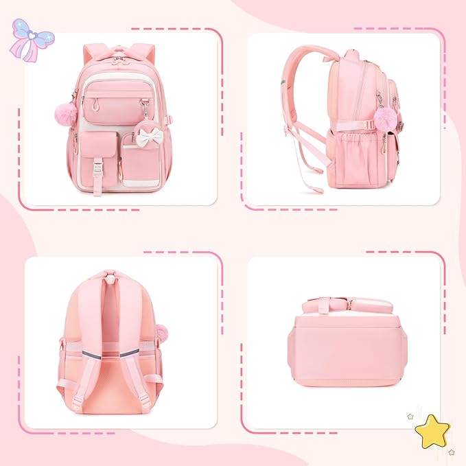 MUSEVOS Kids Backpack for Girls Aged 6-14, Kindergarten Elementary Middle School Backpack, Cute Bookbag Multi-Compartment, Water-resistant