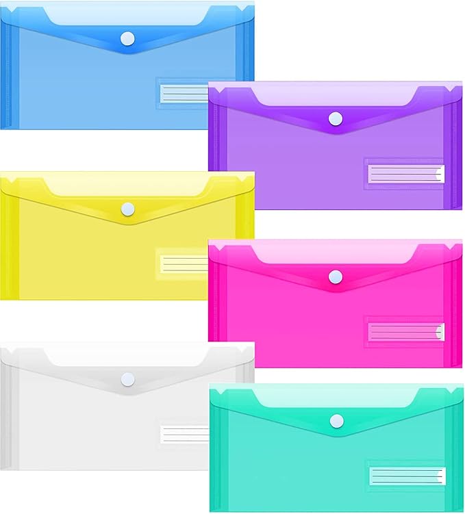 Sooez 24 Pack Plastic Pencil Pouch, Clear Poly Envelopes File Bill Bag with Label Pocket, Plastic Pencil Case Bulk for A6 Size Files Money Envelopes for Cash Storage, Teacher School Office Supplies