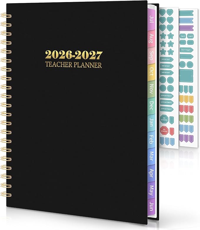 SKYDUE Teacher Planner 2026-2027 Academic Year, 8.5" x 11" Teacher Lesson Planner with Monthly Tabs & Stickers, Lesson Plan Book 26-27, Black