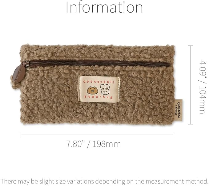Monolike Unmatched Friends Bbogeuli Pencil Case, Brown - Slim Fuzzy Fleece Pen Pouch for Daily Use with Stain-Resistant Lining