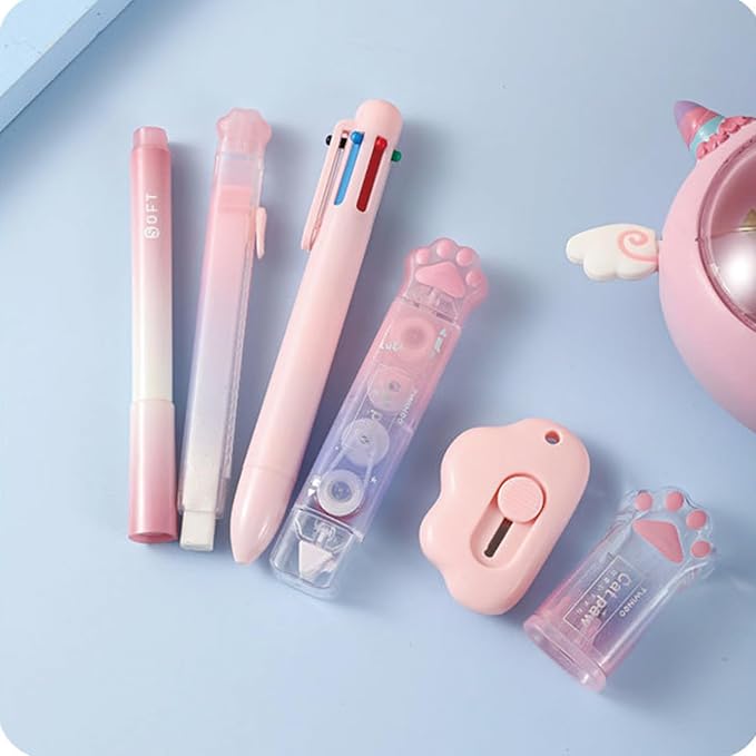MOZXIRZ 9 Pcs Cute Pink Stationery Set Cat Paw School Supplies Kawaii Office Supplies Including Pens Pencil Sharpener Highlighter Eraser Correction Tape Ruler Utility Knife (Cat Paw-Pink)