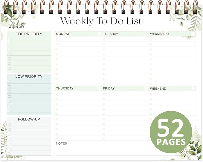 Weekly To Do List Notepad, 52 Sheets Undated Weekly Planner, 8.5"x11" Letter Size Horizontal Desk Pad with 100GSM Thick Paper, Twin-Wire Spiral Bound Tear Off Lined Organizer for Office Work, School & Home