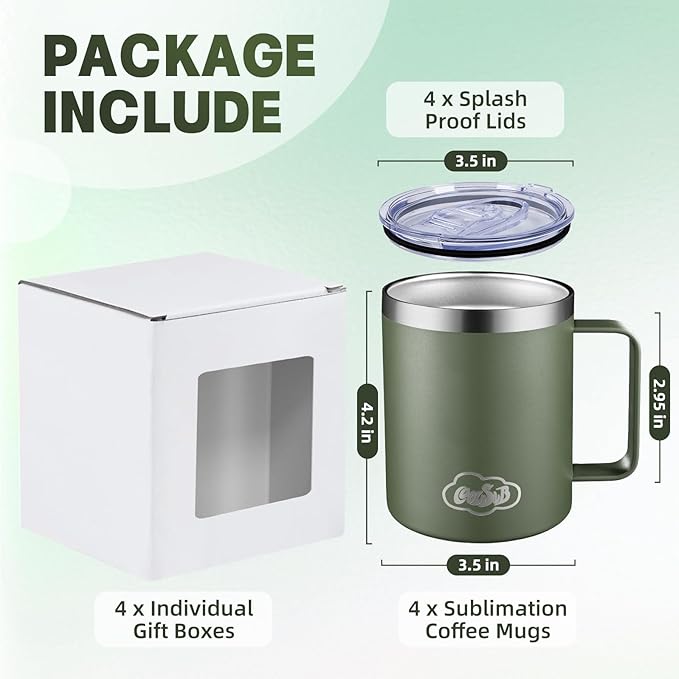 12oz Insulated Coffee Mug with Handle, Stainless Steel Wide Mouth Travel Tumblers with Lid, Double Wall Vacuum Coffee Cup for Camping, Office, Mix 4 Packs