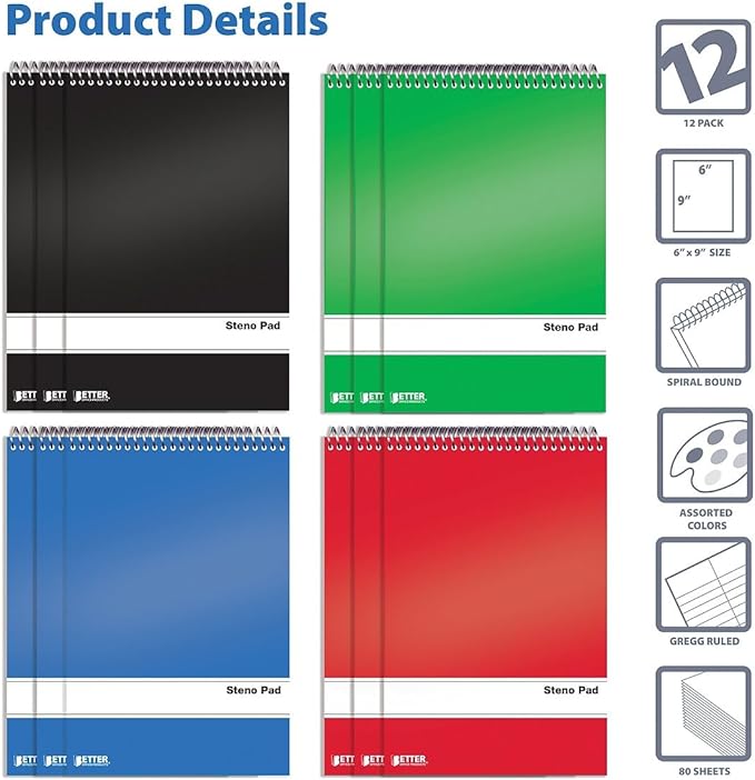 Better Office Products Steno Pads Spiral 6x9 12 Pack, 80 Sheets White Paper, Gregg Rule, Assorted Colors (Red, Black, Blue, Green), Steno Pads &Steno Notebooks Top Spiral