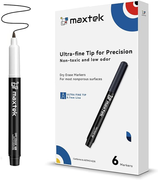maxtek Black Dry Erase Markers Ultra Fine Tip, 0.7mm, Low Odor, Extra Fine Point Dry Erase Markers for Planning Whiteboard, Calendar Boards, Whiteboard Markers for School Supplies (6 Count)
