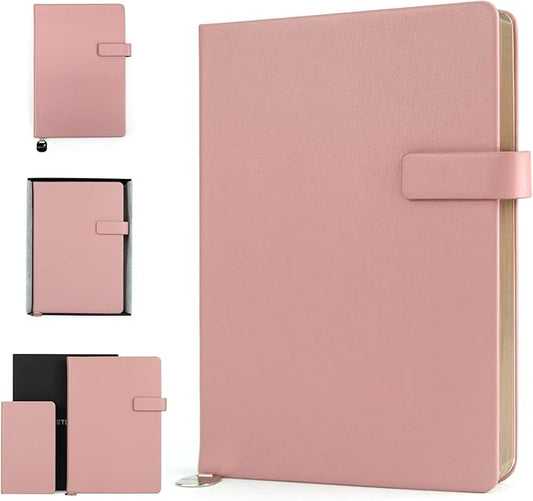 A5 Hard Cover Notebook with Pen Holder, Gold Edges & 180° Lay Flat - Large 5.7x8.4 Lined, Bookmark, Gift Box - Durable Journal for Office, Study, Travel - Writers, Students (Pink)