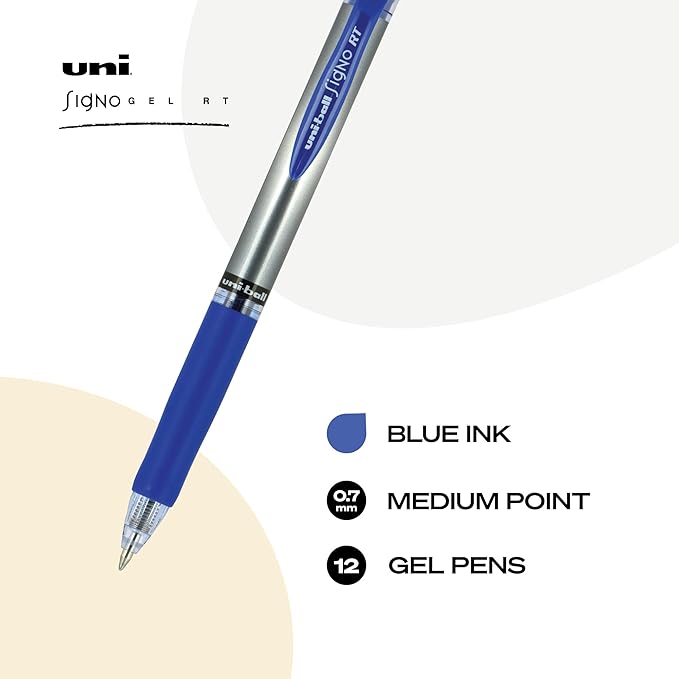uniball Signo RT Gel Pens, Medium Point (0.7mm), Blue, 12 Pack