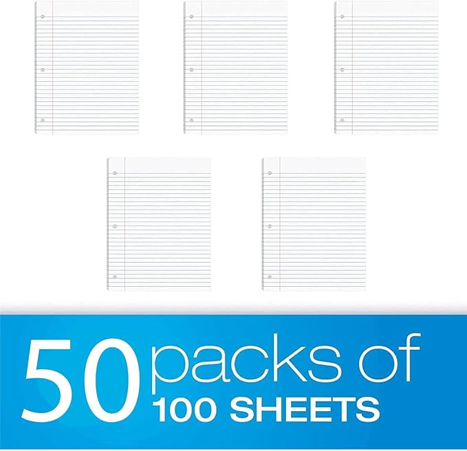 Trail Maker (50 Pack) Bulk Filler Paper Wide Ruled, 8 x 10-1/2 Inch Wide Ruled Paper, 3 Hole Punch, Loose Leaf Notebook Paper for 3 Ring Binders, 5000 sheets total