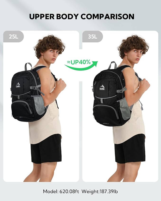 WATERFLY Hiking Packable Daypack Backpack: 35L Ultra Lightweight Day Pack for Women Men - Large Foldable Back Pack for Outdoor Sport Cycling Camping Travel Trip - Black