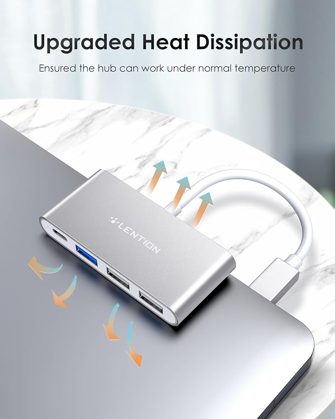 LENTION USB C Hub 4-in-1 with 100W PD, Type-C Multiport Adapter for 2016-2026 MacBook Pro/Air(M1-M5), iPad, Surface, ChromeBook, More, Aluminum Travel Hub for iPhone 15-17 (C13, Silver)