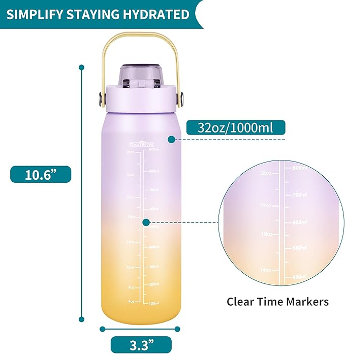 Gulex Motivational Water Bottle 32oz with Time Marker- Leakproof & BPA Free Sports Water Bottle with Straw & Carry Strap for Gym, Travel and Outdoor Sports (Purple/Yellow Gradient)