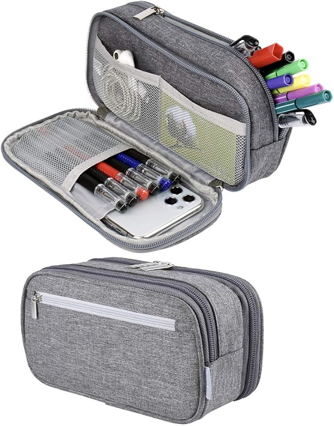 Chelory Large Capacity Pencil Case Big Pencil Bag Pouch High Storage 3 Compartments Pen Marker Holder Cases Office Stationery Organizer Supplies Makeup Bag Men Women, Gray