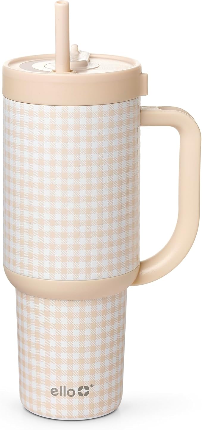 Ello Oasis 30 oz Tumbler with Handle & Retracting Straw | Reusable Insulated Stainless Steel Cup 100% Leakproof | Keeps cold for 24 Hours | Cup Holder Friendly | Beige Gingham
