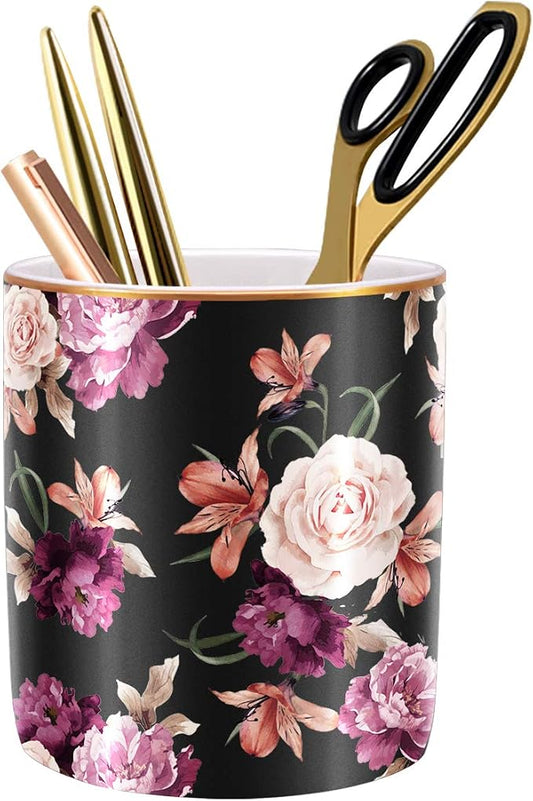 Pen Holder for Desk, Pencil Cup Holder, Cute Floral Makeup Brush Holder Durable Ceramic Flower Design Desk Pencil Organizer for Office, Classroom, Black