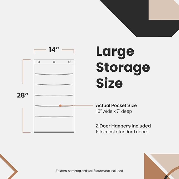 Hippo Creation Heavy Duty Storage Pocket Chart for Classroom, 5 Pocket Storage Organizer with 2 Over-Door Hangers, Hanging Wall Organizer for File Folders, School Mailbox, Home Office Papers - Black