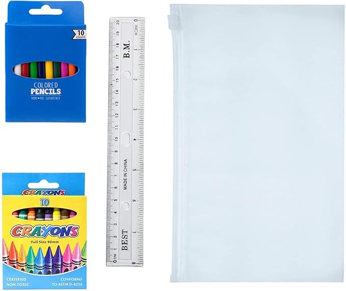 Moda West 52 Piece Bulk School Supplies Kits - Pens, Pencils, Crayons, and More - Value Pack of 12 Kits - Essential Box of School Supplies for Elementary, Middle, and High School Students