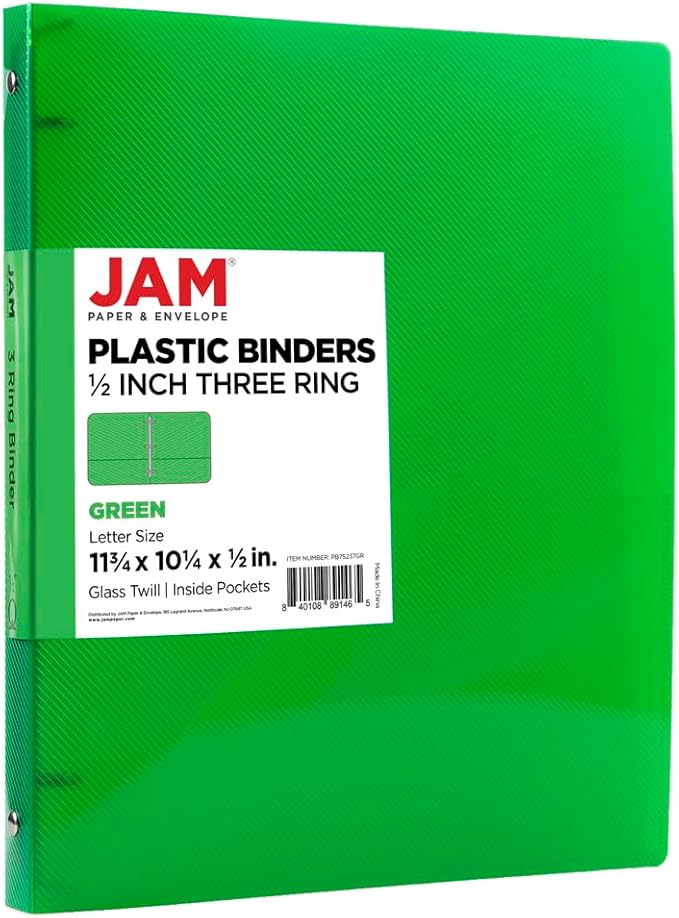 JAM PAPER Plastic 0.5 inch Binder - Green 3 Ring Binder - Sold Individually