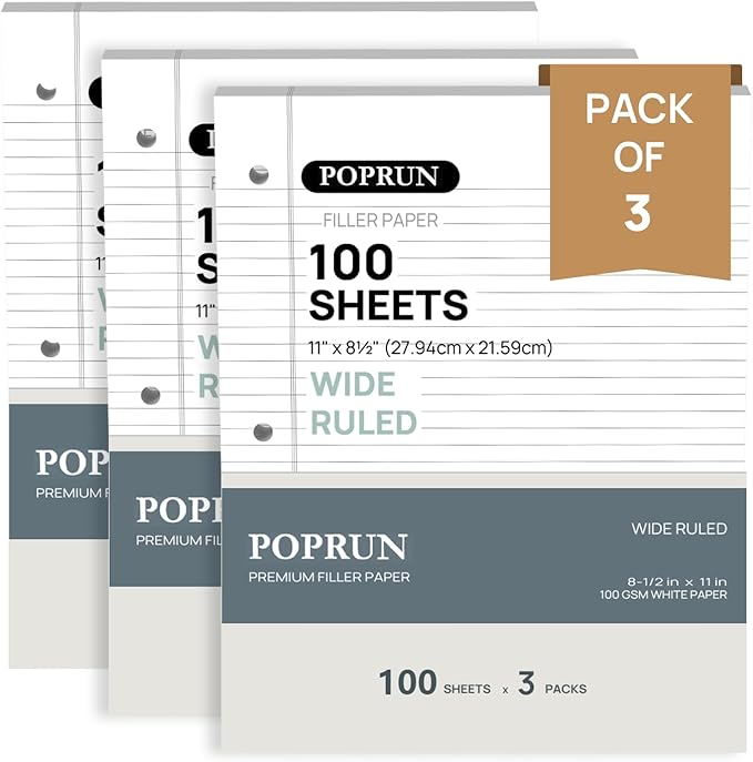 POPRUN Loose Leaf Paper, 8.5" x11" Wide Ruled Paper, 3 Hole Punched Wide Ruled Notebook Paper for Binder, Office School Supplies, AA Grade Bulk Lined Filler Sheets 3 Pack (300 Sheets)