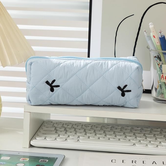 Carry bloom Pencil Pouch Cute Pencil Case for Girls Aesthetic Pencil Bag with Zipper Pen Cases School Supplies Makeup Bag (Bow blue)