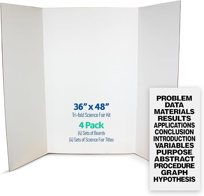 Flipside Products Science Fair Project Board Kit – 36" x 48" White Trifold Boards with Black Science Fair Title Letters – Ready-to-Use Project Display Boards - 4 Pack