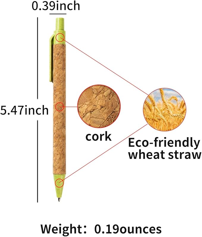 jinfusi Wheat Straw Pens(30 Pack),Eco Friendly Cork and Recycled Ballpoint Writing Black Ink Sustainable Products Set Pens or Journaling