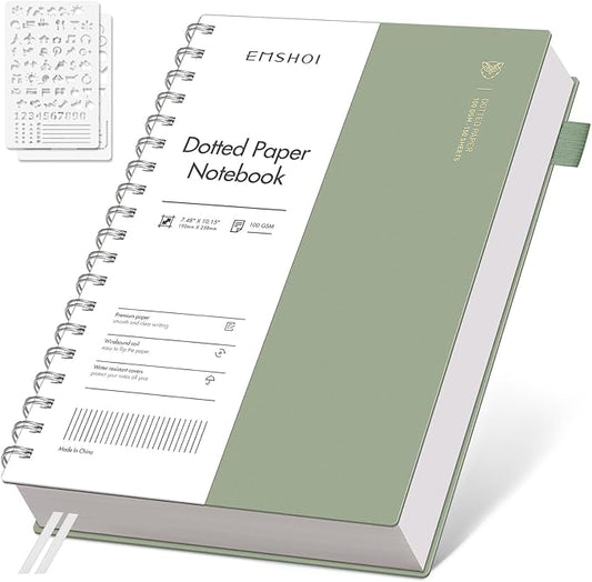 EMSHOI Spiral Notebook B5 Dotted journal, Dotted Grid Notebook with 300 Pages, 100gsm Thick Paper, 7.48" × 10.15", Waterproof Softcover Notebook for Journaling Writing - Light Green