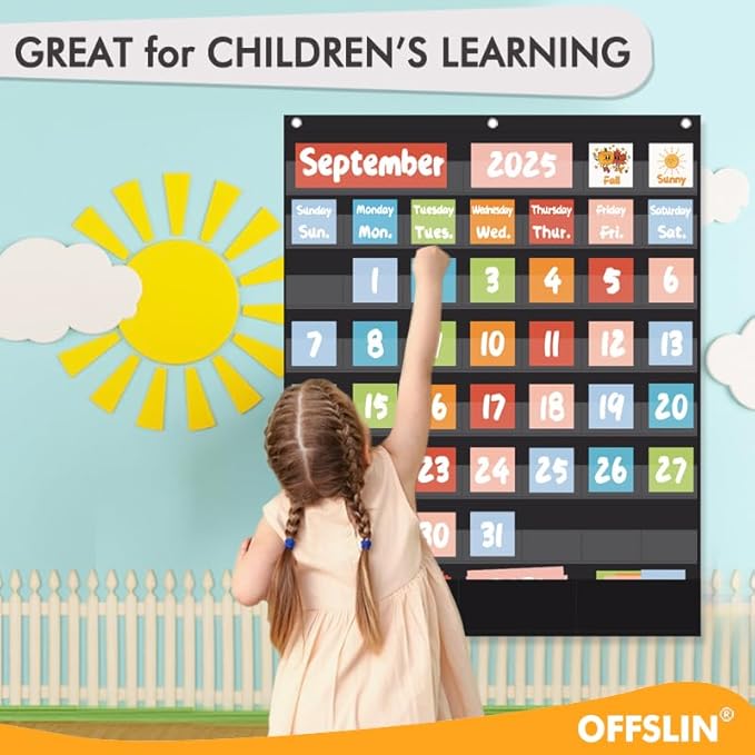 Classroom Calendar Pocket Chart with 70pcs Cards, Kids Calendar Pocket Chart for Classroom Decor, Circle Time Learning Center, School Homeschool Supplies (Black A)