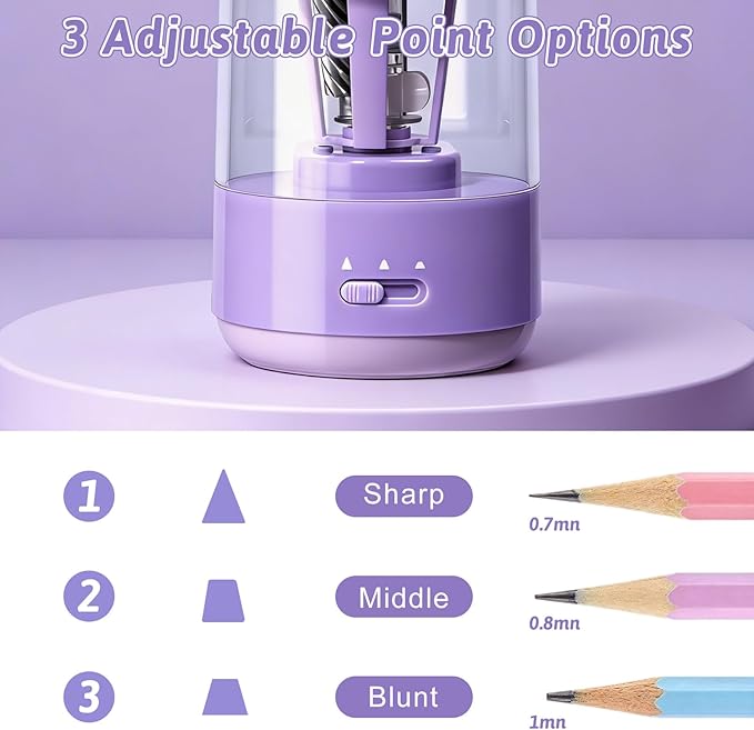 Rechargeable Automatic Electric Pencil Sharpener, Auto in & Out 3 Adjustable Thickness, Type-C Charging, Cute DIY Stickers, for 6-8mm Pencils, 3s Fast Sharpening, Ideal for School & Home (Purple)