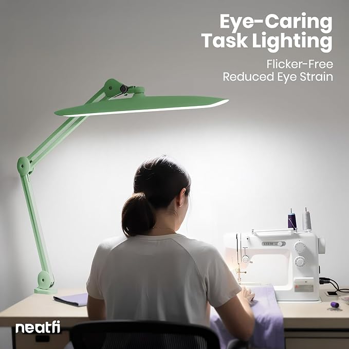 Neatfi XL 2200 Lumens 24W LED Desk Lamp – Shadow-Free Task Lighting | 4-Level Dimming | Home Office & Crafts Use | 20-Inch Wide Head (Midnight Green, Non-CCT with Clamp)