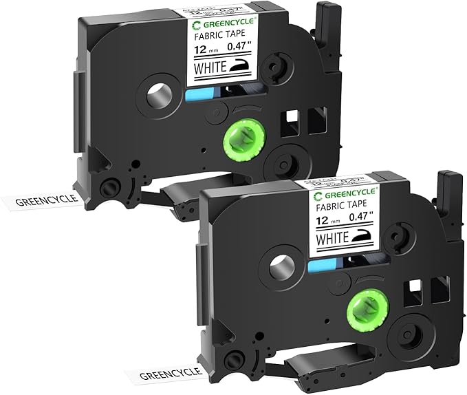 GREENCYCLE 2 Pack Black on White Iron On Clothing Fabric Label Tape Compatible for Ptouch TZe-FA231 TZ-FA231 AZE-FA231 1/2 inch 12mm 0.47 White Tape for PT-P750W PT-H110 PT-D210 PT-D600