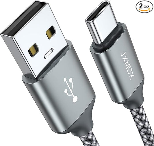 JXMOX USB Type C Cable (6.6ft 2-Pack), USB A to USB C 3A Fast Charging Cord Compatible with iPhone 15 16 Pro Max, Samsung Galaxy S22 S21 S20 Ultra S10 S9 S8, Note 10 9 8 A80 A70, USB C Charger (Grey)