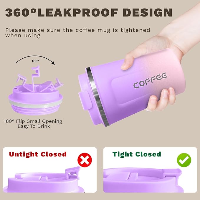Stainless Steel Vacuum Insulated Travel Mugs - Leak-Proof Reusable Coffee Tumblers with Lids, Thermal Insulation for Hot & Cold Drinks (17oz, Purple Pink)