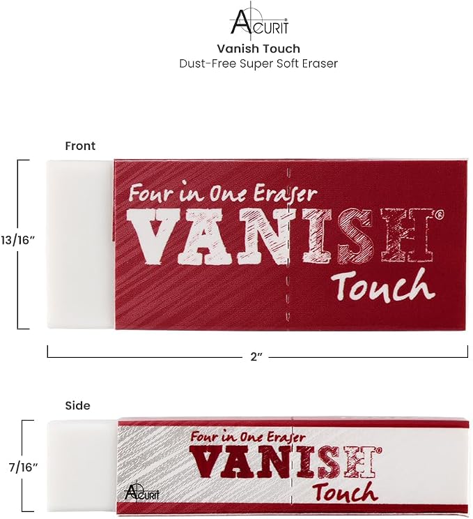 Acurit Vanish Touch Artist Eraser, Latex-Free, 24 Pack - Soft, Flexible Pencil Erasers, Sketching Supplies W/Protective Sleeve - Graphite, Charcoal, Pastel Compatible
