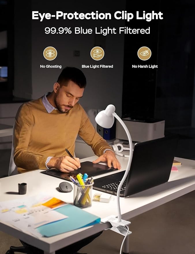 Clip on Lamp USB Reading Light, 3 Color Modes, 10 Brightness Dimmable, 360° Flexible Desk Lamp with Clamp, Eye Care Clip on Light for Bed Desk Headboard Home Dorm White