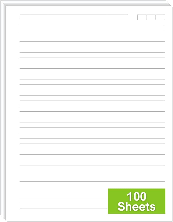 Unpunched College Ruled Loose Leaf Paper, 100 Sheets, Letter Size 8.5 x 11 Inch, 100 GSM White Lined Sheets with Subject & Date Boxes