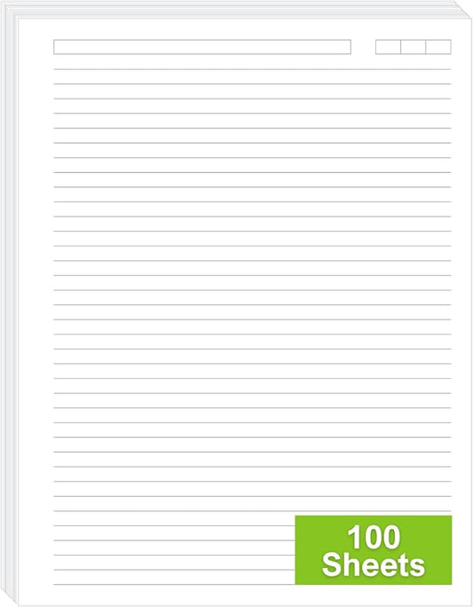 Unpunched College Ruled Loose Leaf Paper, 100 Sheets, Letter Size 8.5 x 11 Inch, 100 GSM White Lined Sheets with Subject & Date Boxes
